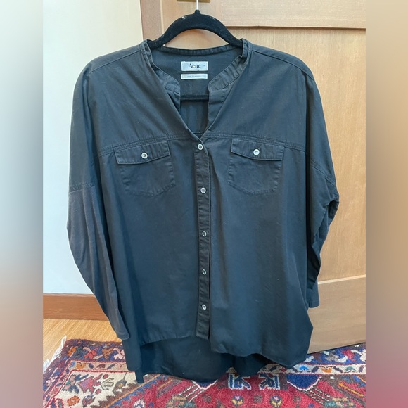 ACNE collarless button down top, black with cotton stretch sleeve. Size XS/S - Picture 2 of 6